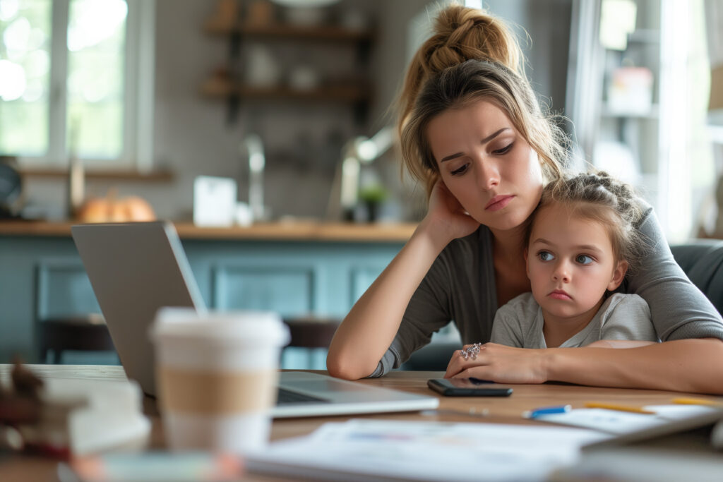 Woman sits with daughter by computer paying bills