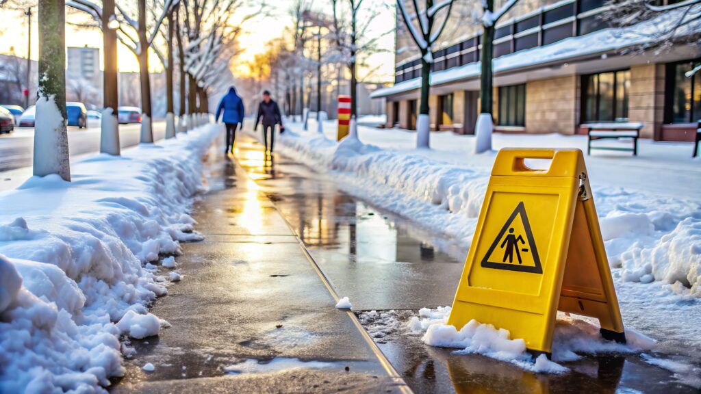 Premise liability victims walking through a dangerous roadway after a storm
