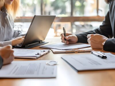 Plaintiff and attorney meet to discuss settlement options for legal battle